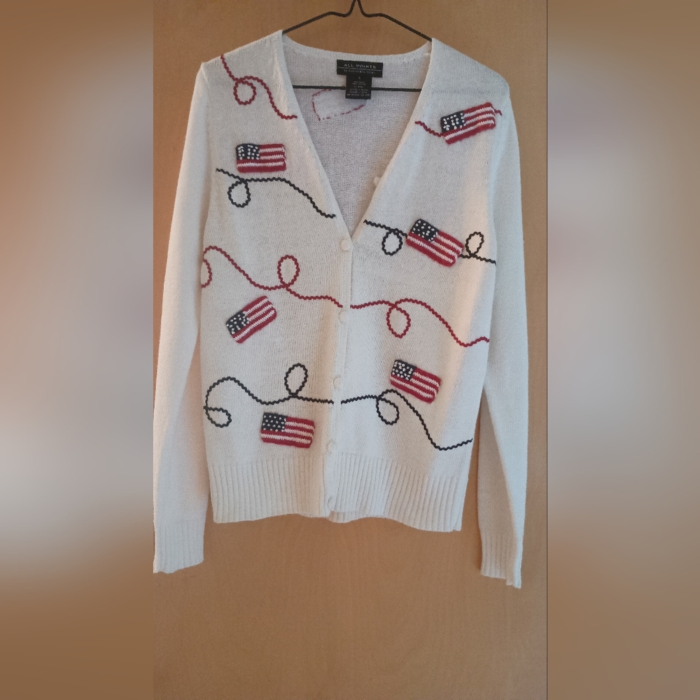 White and Red Cardigan with Decorative Flag Pattern